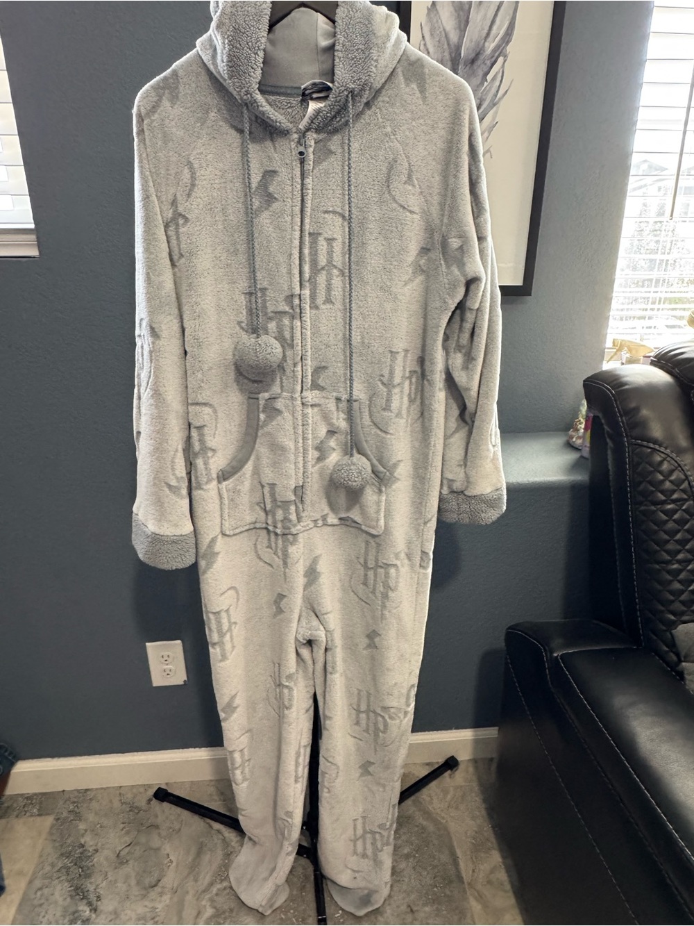 Cozy Gray Hooded Plush Onesie Pajama with Pom Drawstrings